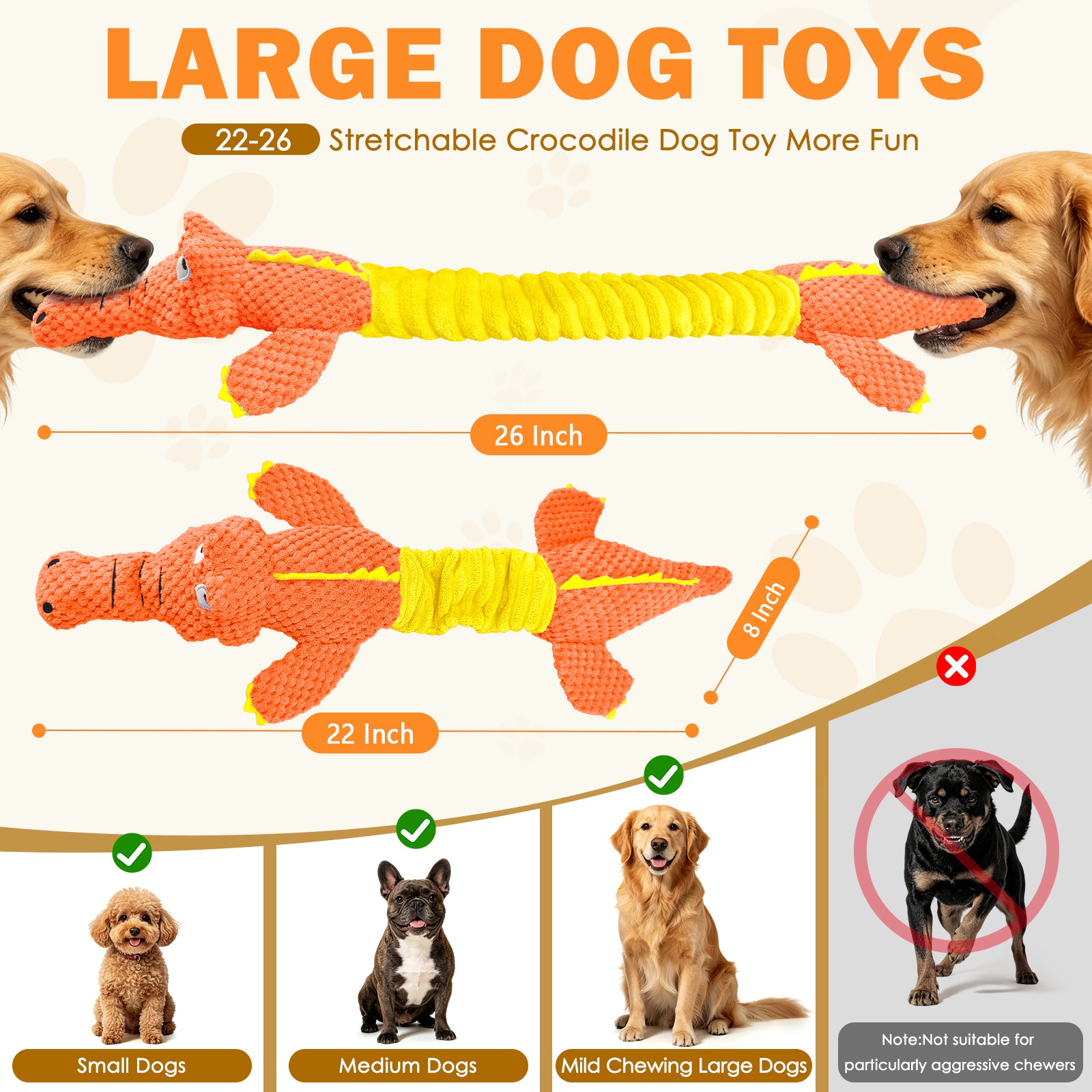 Fuufom Orange Stretching Crocodile Squeaky Plush Dog Toy