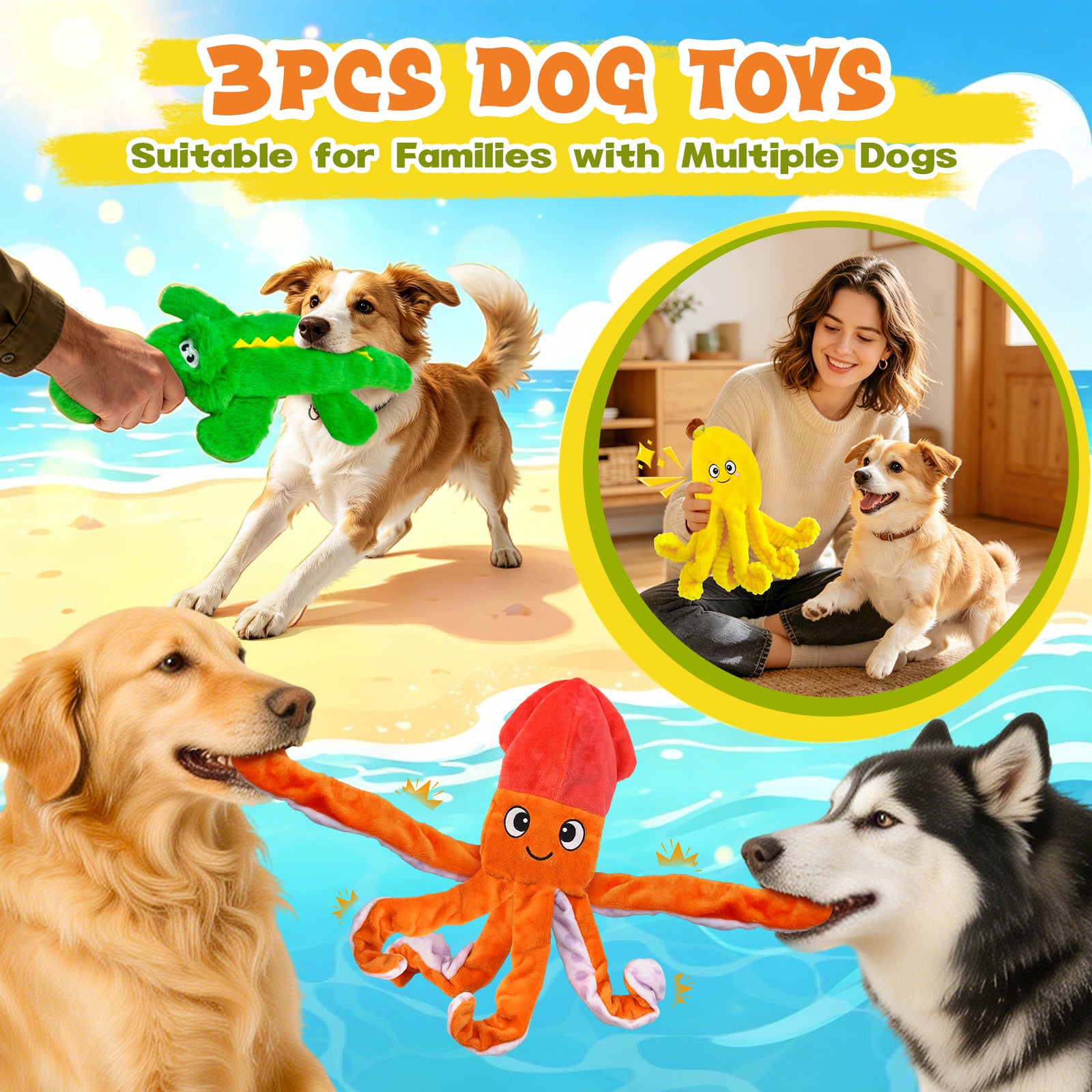 Fuufome non-woven 3-piece set Squeaky Plush Dog Toy