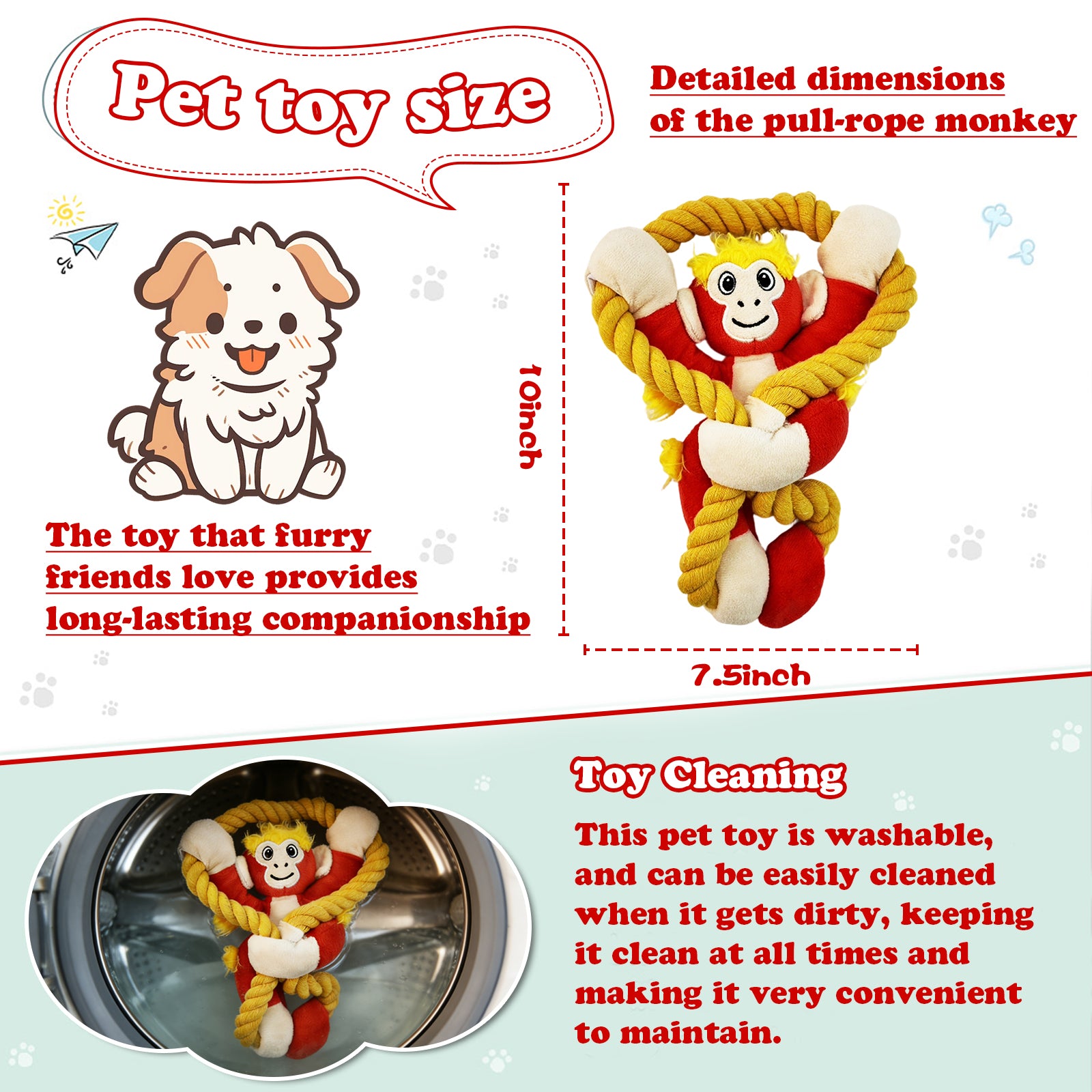 Fuufome Pull-String Monkey Squeaky Plush Dog Toy