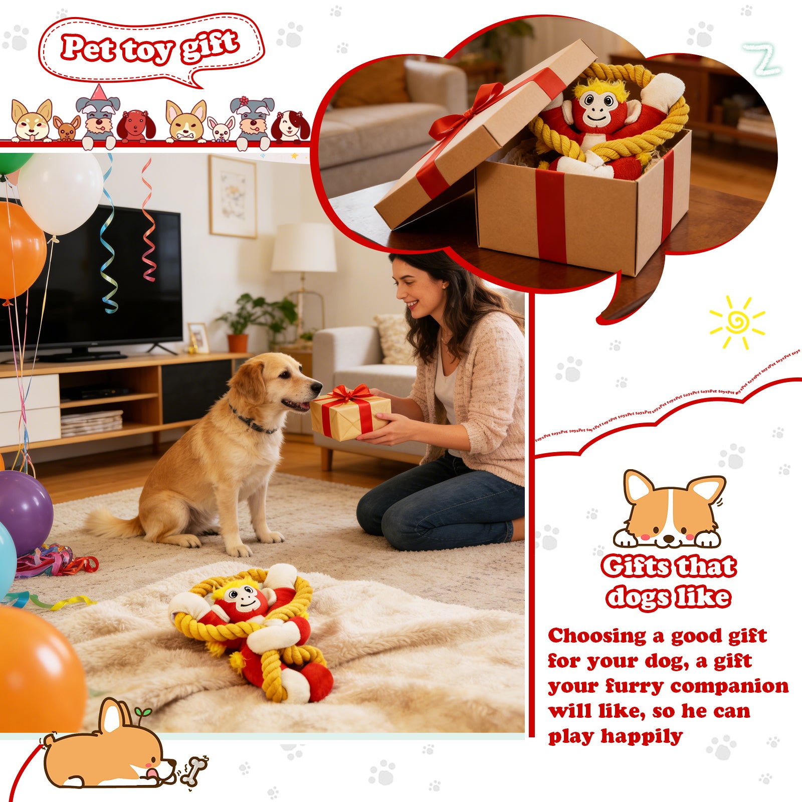 Fuufome Pull-String Monkey Squeaky Plush Dog Toy