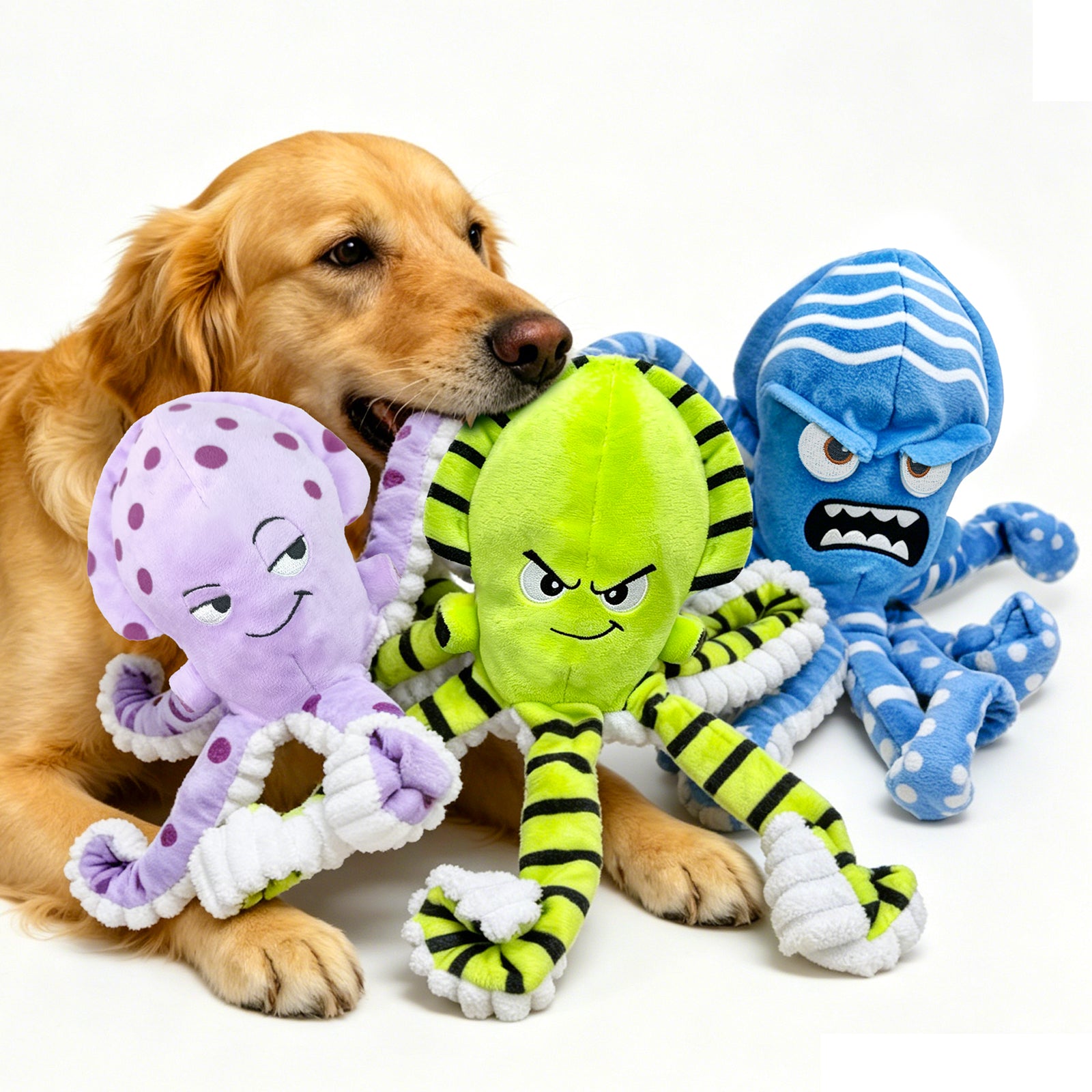 Fuufome 3-piece Octopus Squeaky Plush Dog Toy