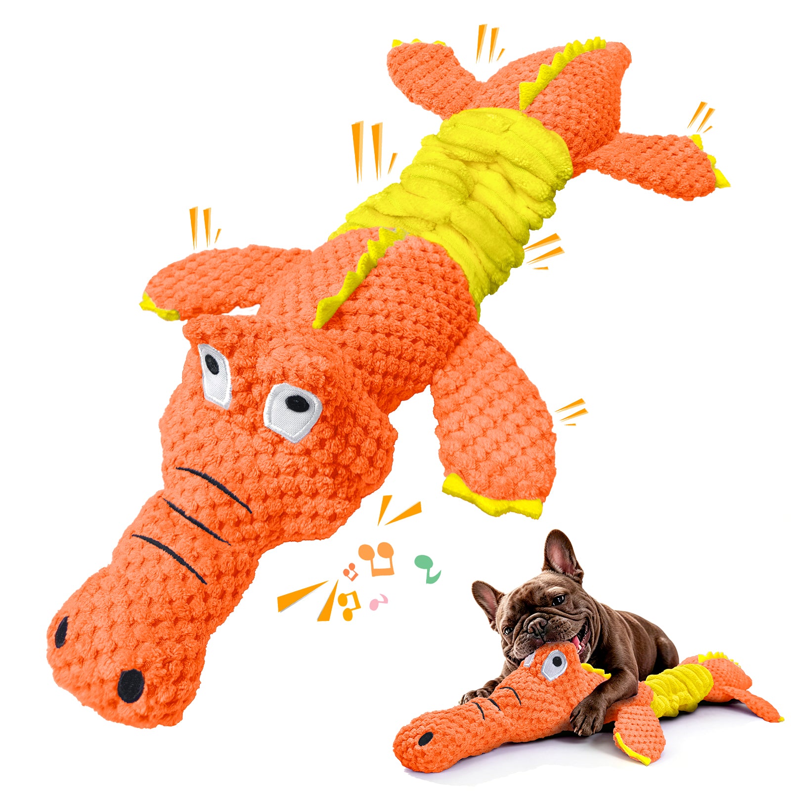 Fuufom Orange Stretching Crocodile Squeaky Plush Dog Toy
