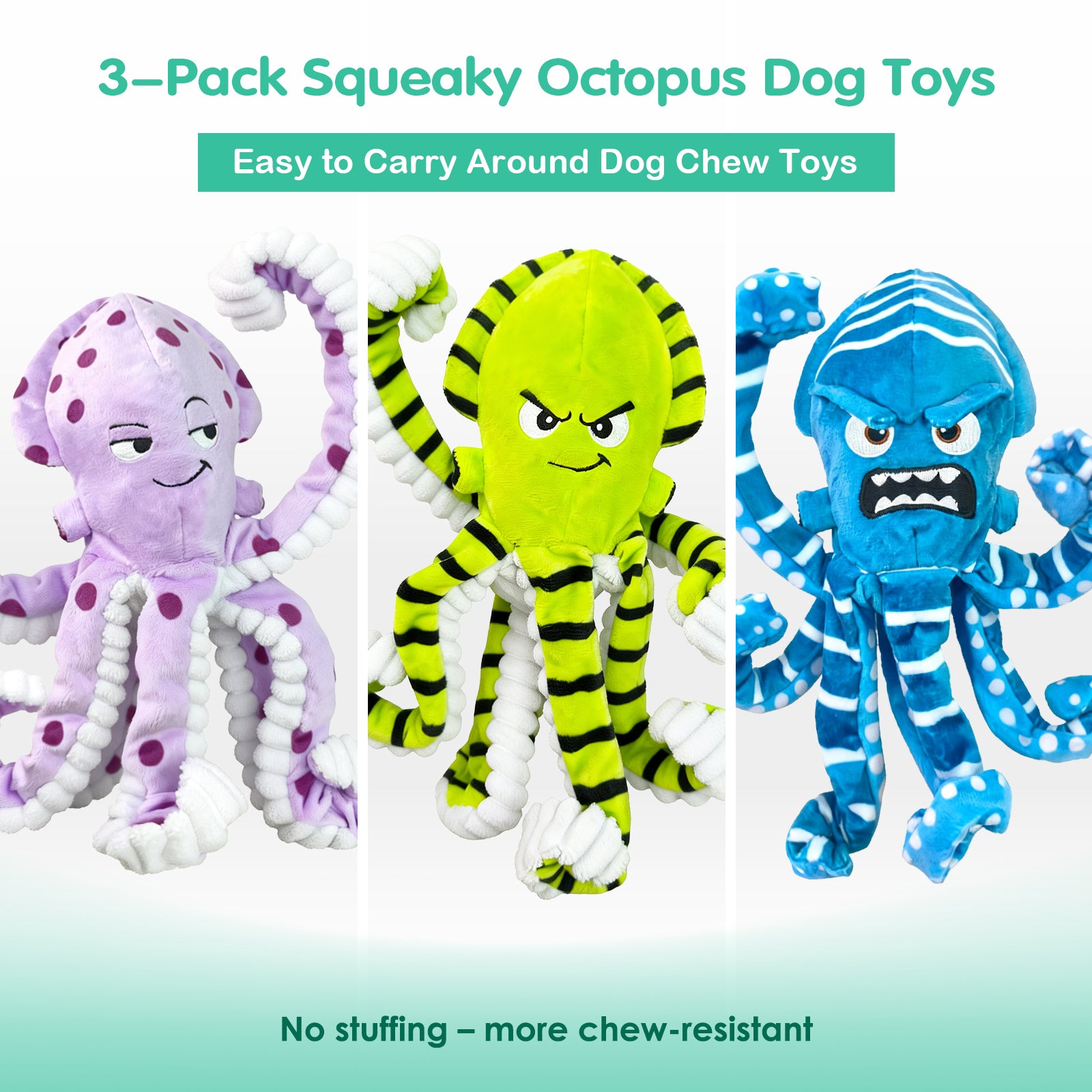 Fuufome 3-piece Octopus Squeaky Plush Dog Toy