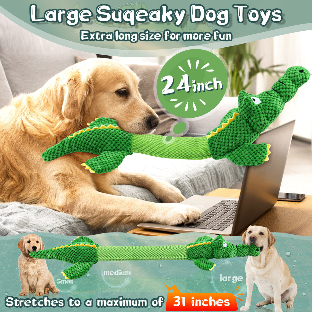 Fuufome Stretching Crocodile  Squeaky Plush Dog Toy