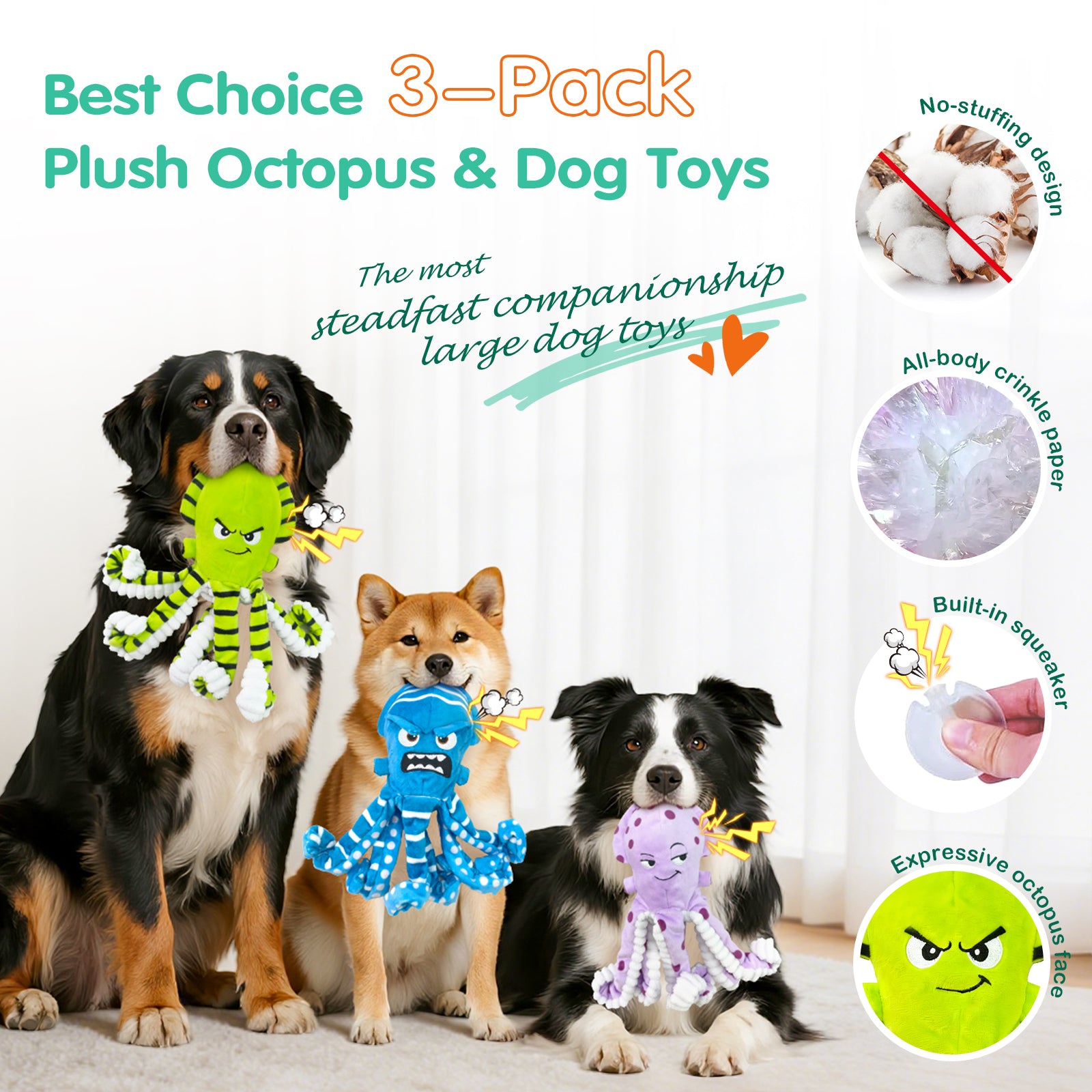 Fuufome 3-piece Octopus Squeaky Plush Dog Toy