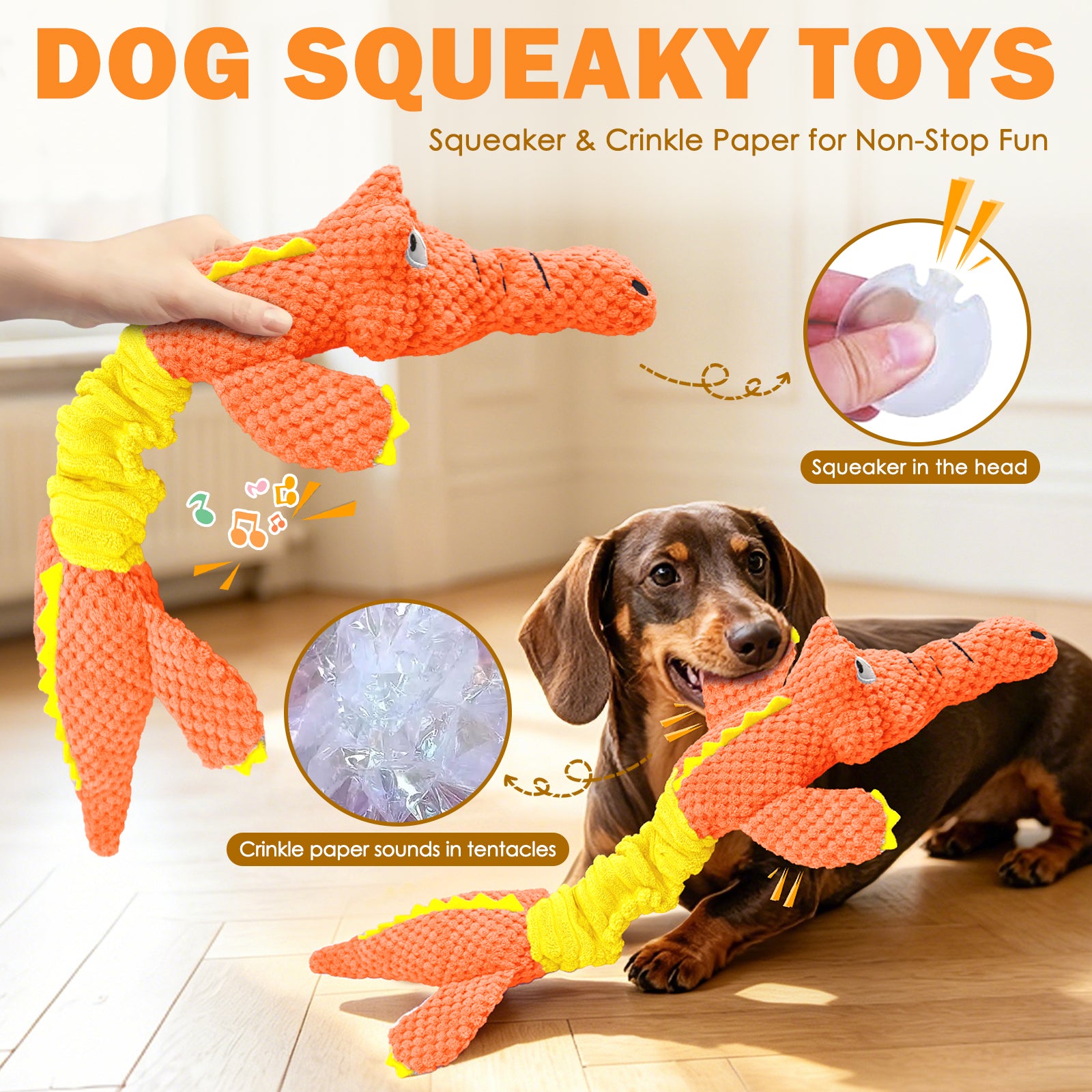 Fuufom Orange Stretching Crocodile Squeaky Plush Dog Toy