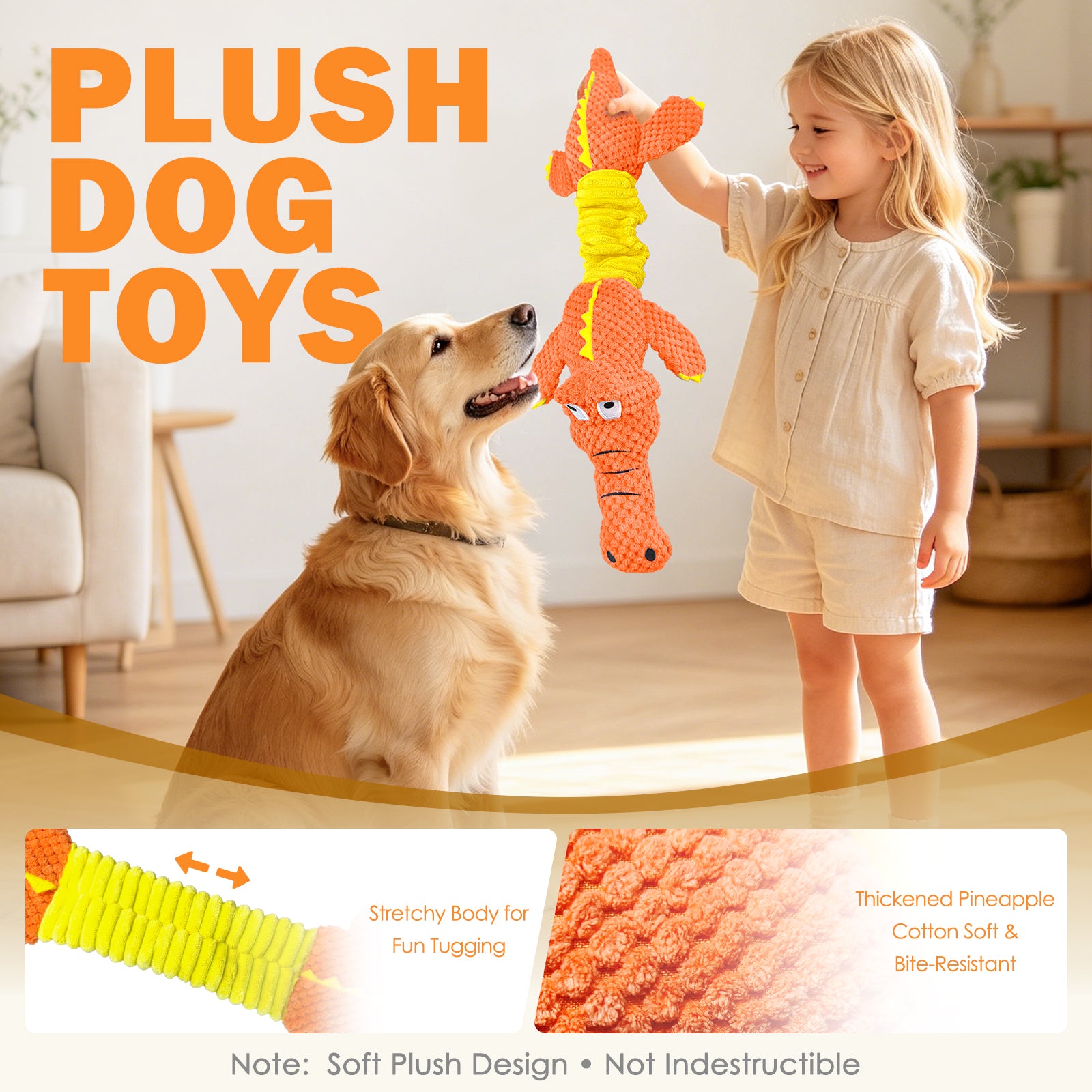 Fuufom Orange Stretching Crocodile Squeaky Plush Dog Toy