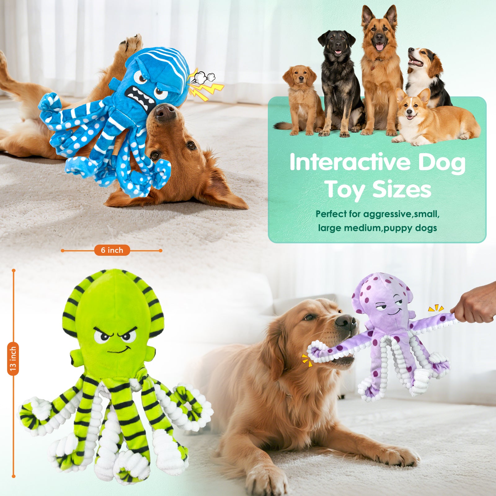 Fuufome 3-piece Octopus Squeaky Plush Dog Toy