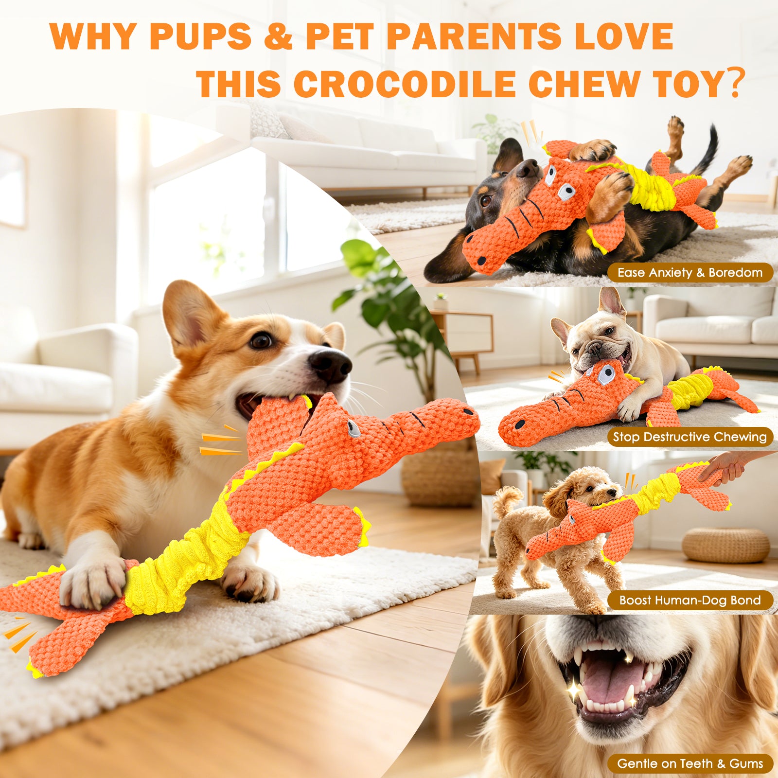 Fuufom Orange Stretching Crocodile Squeaky Plush Dog Toy