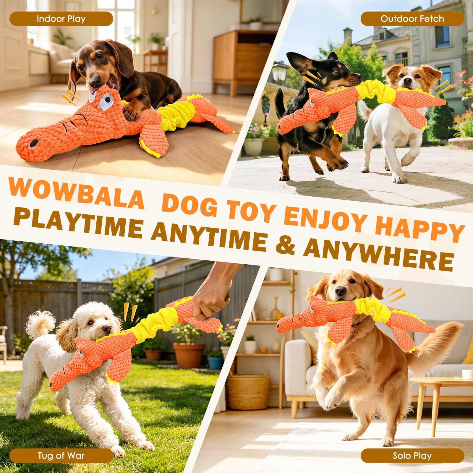 Fuufom Orange Stretching Crocodile Squeaky Plush Dog Toy