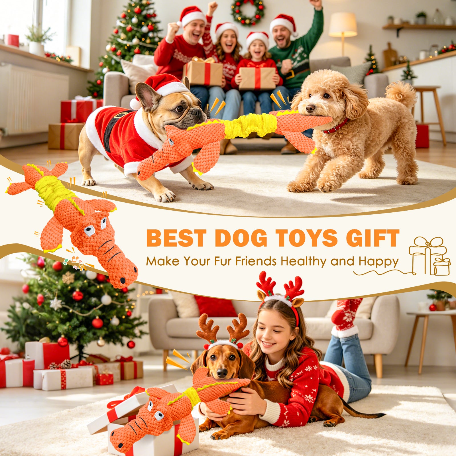 Fuufom Orange Stretching Crocodile Squeaky Plush Dog Toy
