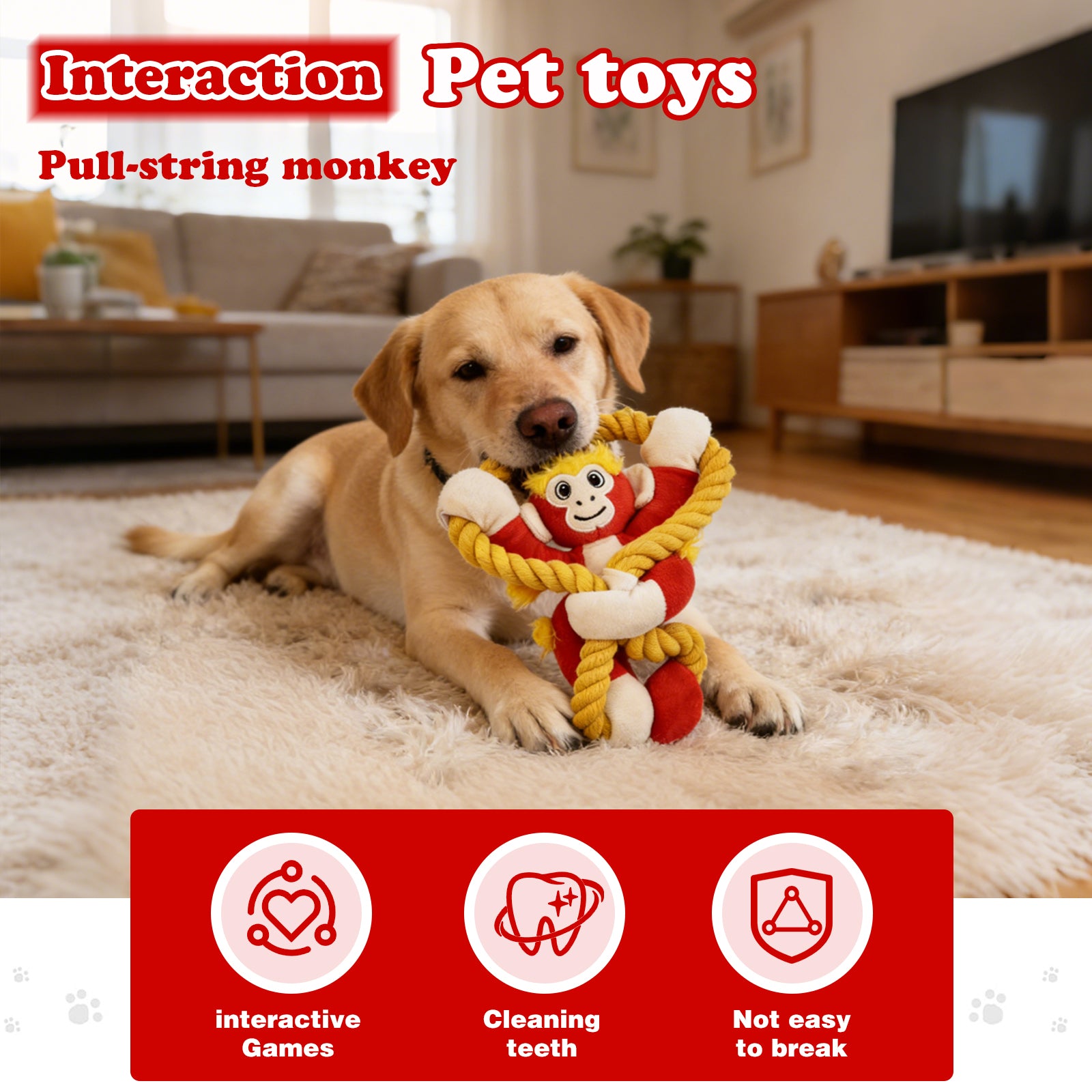 Fuufome Pull-String Monkey Squeaky Plush Dog Toy