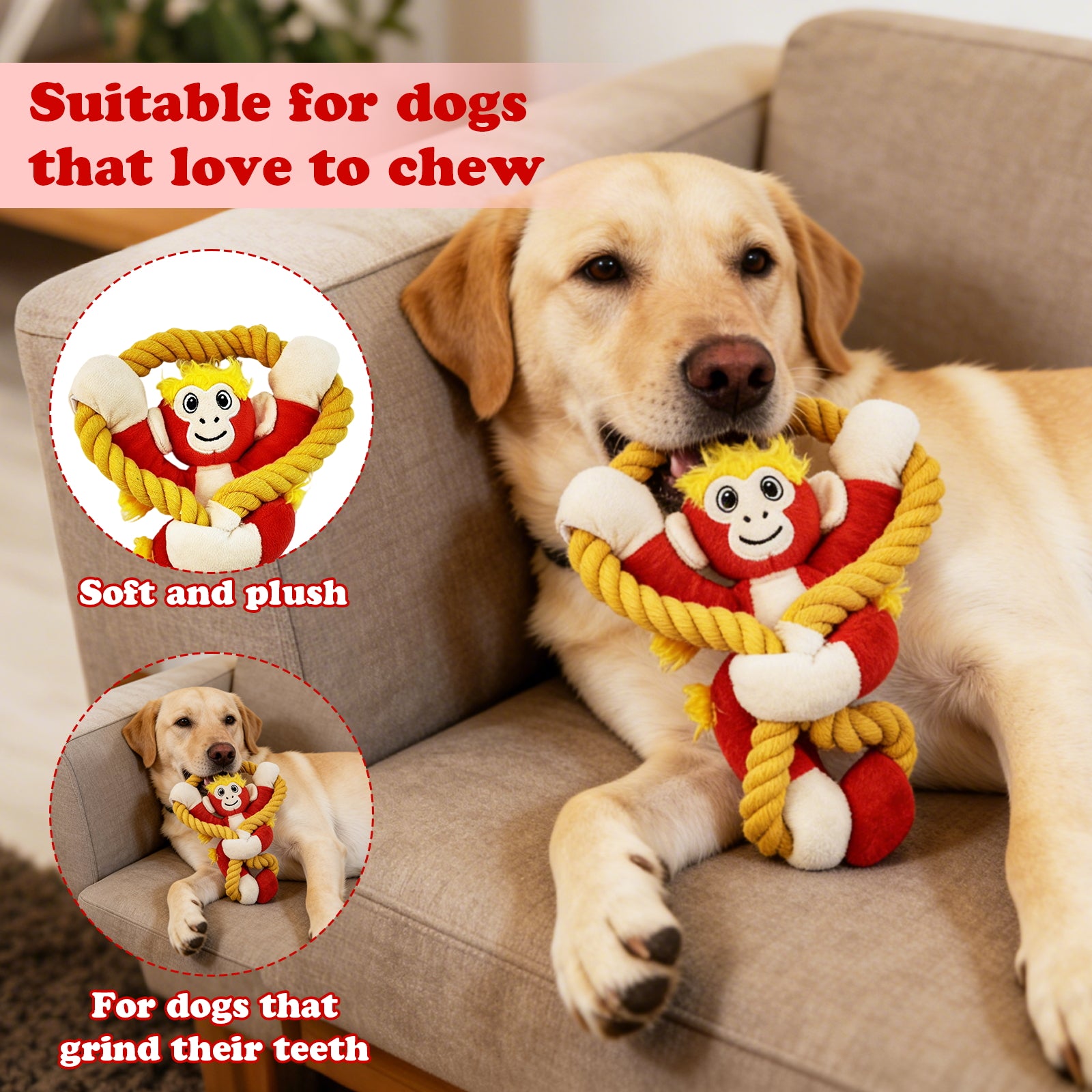 Fuufome Pull-String Monkey Squeaky Plush Dog Toy